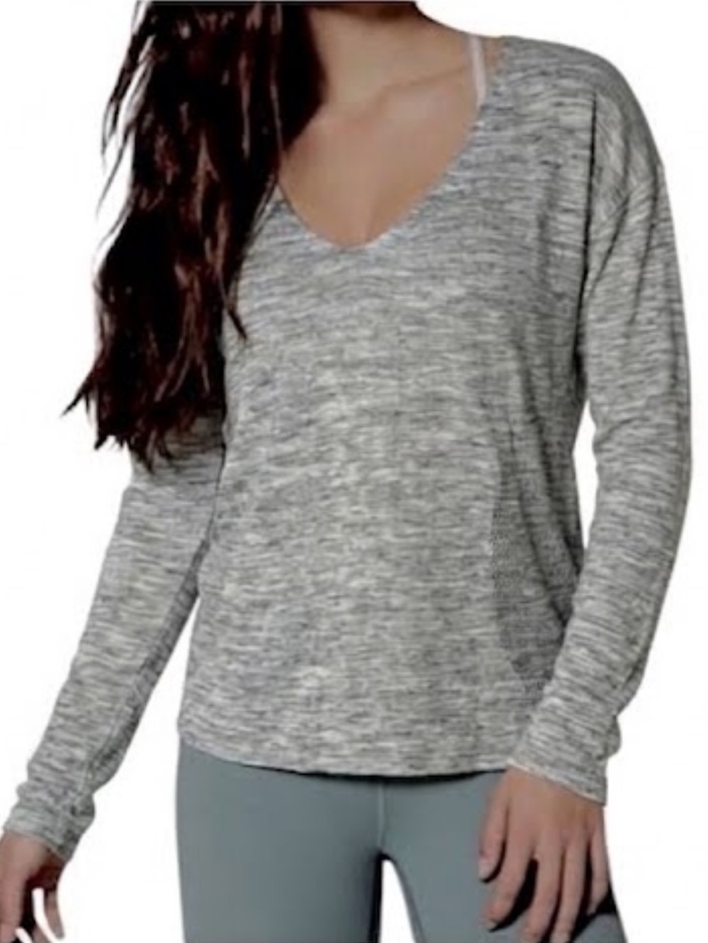 LULULEMON Still Movement Sweater Knit V Neck Linen Blend Heather Nimbus Grey 8
